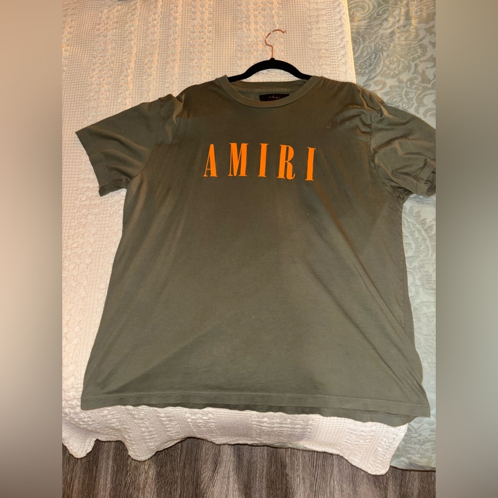 AMIRI Khaki T-Shirt with Vibrant Orange Lettering